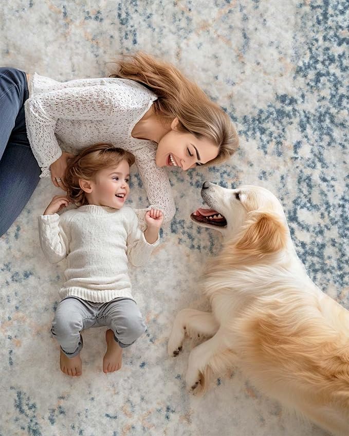 Area Rug 8x10 Machine Washable Rug Vintage Traditional Floor Cover Foldable Thin Retro Indoor Non Slip Carpet Floral Print Mat Bedroom Living Room Dining Room Office,Hidden Pattern Blue