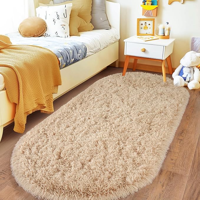 Fluffy Area Rug for Bedroom 2.6'x5.3', Shag Oval Rug for Bedside, Ultra Soft Cute Plush Carpet for Living Room Kids Girls Boys Room Nursery Teens Dorm Home Decor, Camel