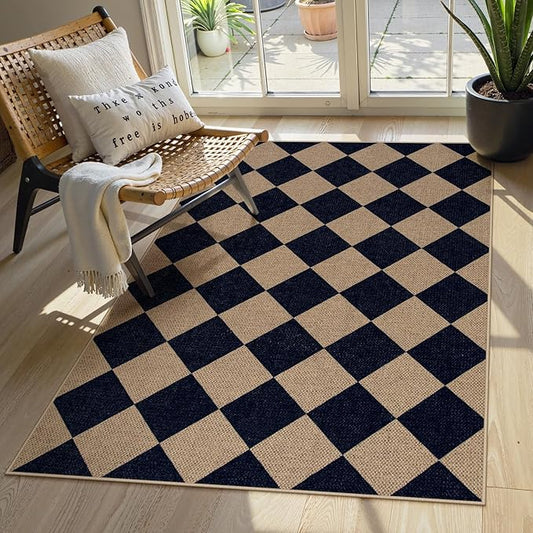 Lahome Checkered Easy Jute Entry Rug, 3x5 Black Outdoor Patio Rug for Living Room Farmhouse Neutral Carpet, Washable Non Slip Indoor Door Mat Diamond Carpet for Front Door Deck Camping