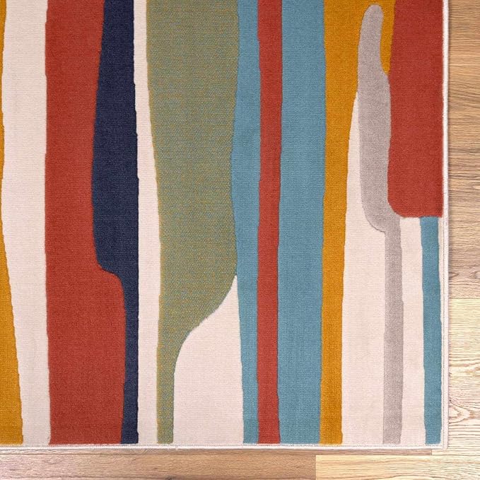 Hauteloom Aquino Modern Multicolor Area Rug for Living Room, Bedroom, Kids Room - Contemporary Colorful Rainbow Striped Carpet - Red, Yellow, Blue, Green - 6'7" x 9'