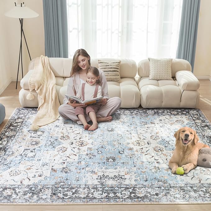 Area Rug 8x10 Machine Washable Rug Vintage Traditional Floor Cover Foldable Thin Retro Indoor Non Slip Carpet Floral Print Mat Bedroom Living Room Dining Room Office,Dahlia Blue