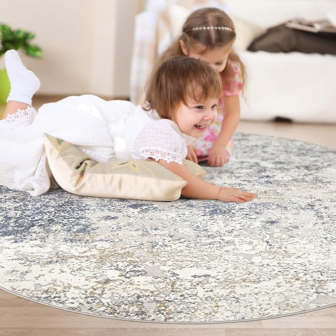 4ft Round Area Rug Living Room Rugs - 4x4 Washable Large Soft Indoor Neutral Modern Abstract Low Pile Rug Carpet for Bedroom Dining Room Farmhouse Home Office - Beige Blue