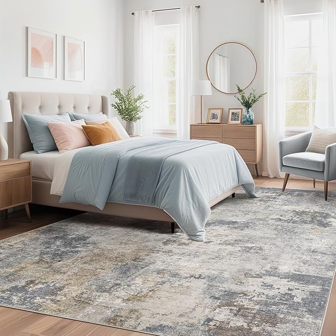 Abstract Living Room Rug 10x12 - Modern Washable Soft Thin Area Rug for Living Room Bedroom Under Dining Table - Neutral Indoor Floor Rug Carpets for Home Office Playroom Nursery - Blue Gold