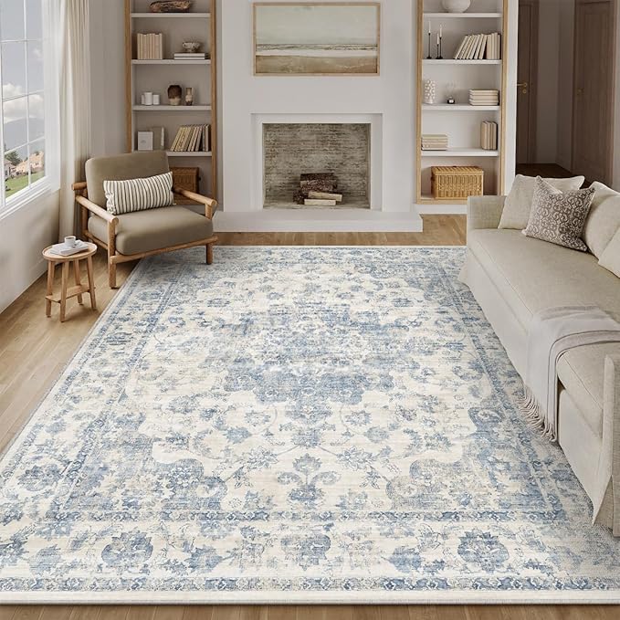 8x10 Washable Neutral Area Rug Blue Floral Living Room Bedroom Large Carpet Non-Slip Low Pile Vintage Lightweight Vacuumable Soft Throw Rug for Dining Room Office Indoor