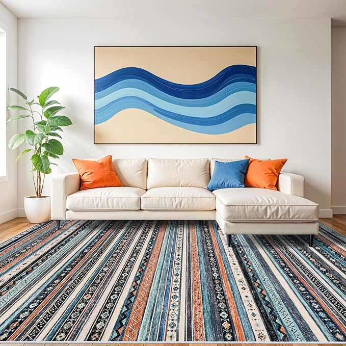 10x14 Rug for Living Room Washable, Large Striped Farmhouse Area Rugs for Bedroom Soft Ultra Thin Indoor Carpet Non Slip Stain Resistant Dining Room Rug Waterproof Southwest Style, 10x14 Blue/Multi