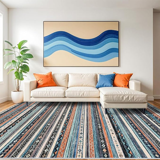 10x14 Rug for Living Room Washable, Large Striped Farmhouse Area Rugs for Bedroom Soft Ultra Thin Indoor Carpet Non Slip Stain Resistant Dining Room Rug Waterproof Southwest Style, 10x14 Blue/Multi