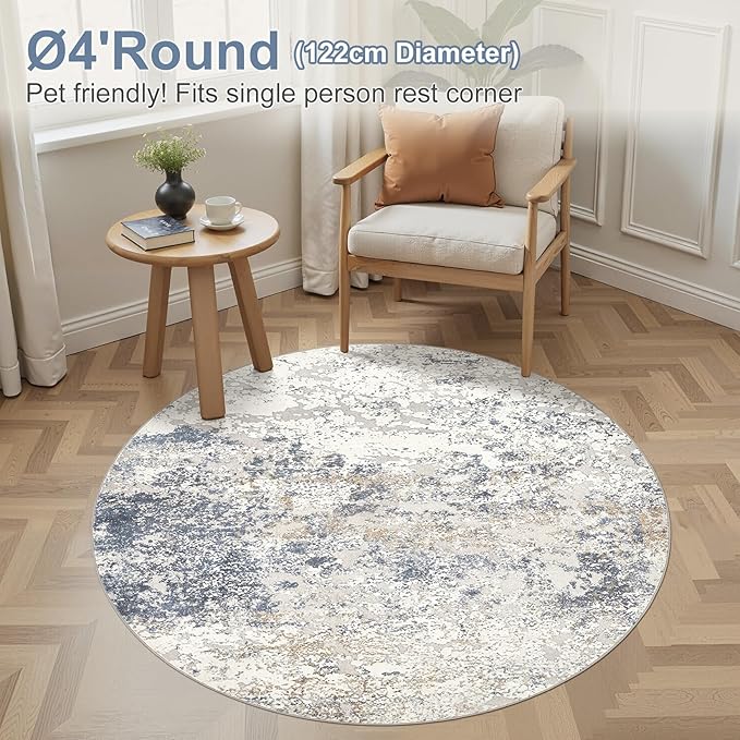 4ft Round Area Rug Living Room Rugs - 4x4 Washable Large Soft Indoor Neutral Modern Abstract Low Pile Rug Carpet for Bedroom Dining Room Farmhouse Home Office - Beige Blue