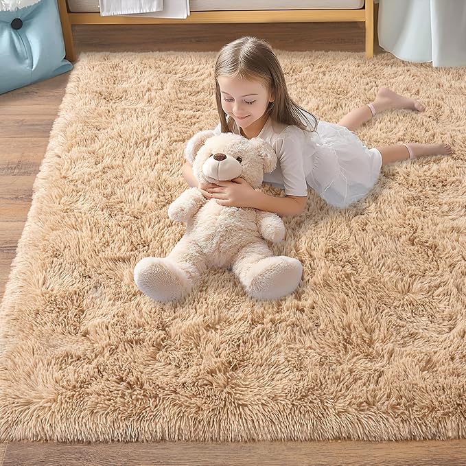 Fluffy Area Rug for Bedroom 4x6 Feet, Indoor Plush Carpet, Shag Soft Bedside Rug, Cute Comfy Furry Rug for Living Room Dorm Girls Boys Room Nursery Decor, Camel