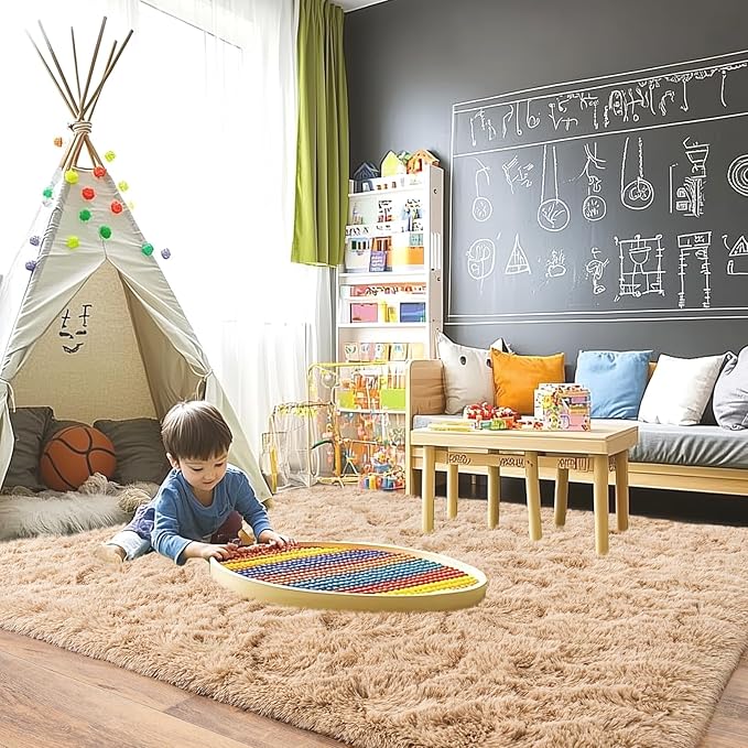 8x10 Rug for Living Room, Fuzzy Plush Large Area Rug, Fluffy Modern Shag Non Slip Soft Furry Carpet for Bedroom Kids Room Nursery Teens Dorm Home Decor, Camel