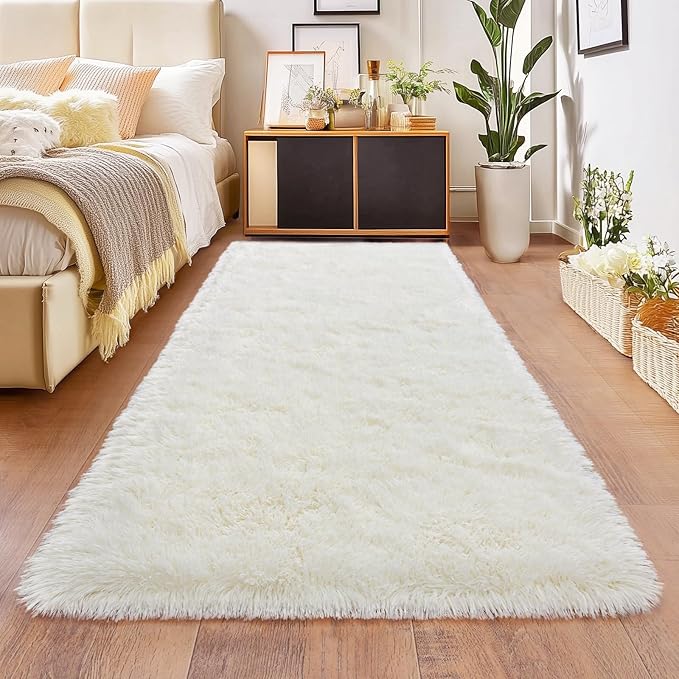 Cream White Runner Rug for Hallway, Bedroom Bedside Plush Rugs, Non Slip Fluffy Shaggy Carpet for Kids Home Decor, Dorm Nursery 2x6 Ft