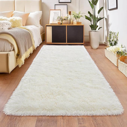 Cream White Runner Rug for Hallway, Bedroom Bedside Plush Rugs, Non Slip Fluffy Shaggy Carpet for Kids Home Decor, Dorm Nursery 2x6 Ft