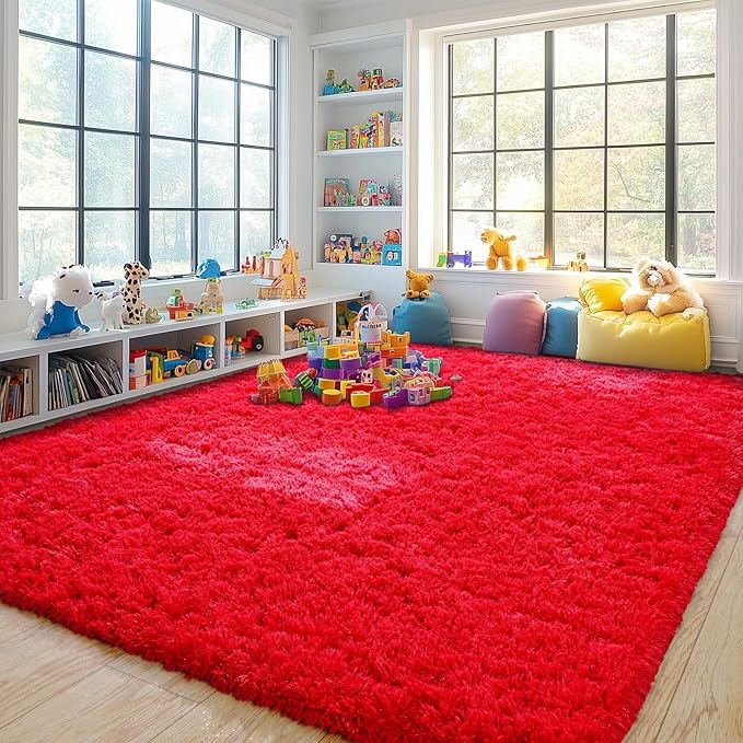 8x10 Rug for Living Room, Fuzzy Plush Large Area Rug, Fluffy Modern Shag Non Slip Soft Furry Carpet for Bedroom Kids Room Nursery Teens Dorm Home Decor, Red