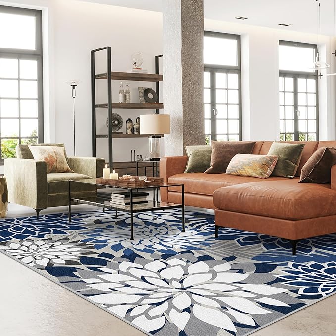 Indoor Outdoor Area Rug Washable Multicolored Patio Rug Tropical Botanical Modern Floral Indoor Outdoor Carpet Blue White Rug Non Slip for Patio, Deck, Backyard, Porch (9x12)