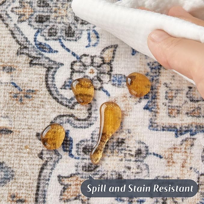 3x5 Washable Entryway Rug: Non-Slip Soft Indoor Throw Area Rug for Living Room Bedroom Kitchen, Boho Floral Distressed Durable Carpet for Hallway Bathroom Laundry Home Decor (Blue/Beige)