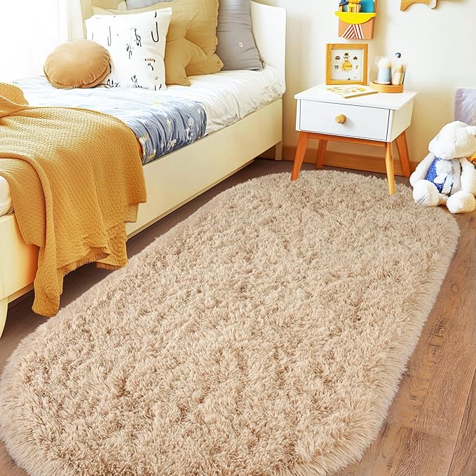 Fluffy Area Rug for Bedroom 3.3'x6.2', Shag Oval Rug for Bedside, Ultra Soft Cute Plush Carpet for Living Room Kids Girls Boys Room Nursery Teens Dorm Home Decor, Camel