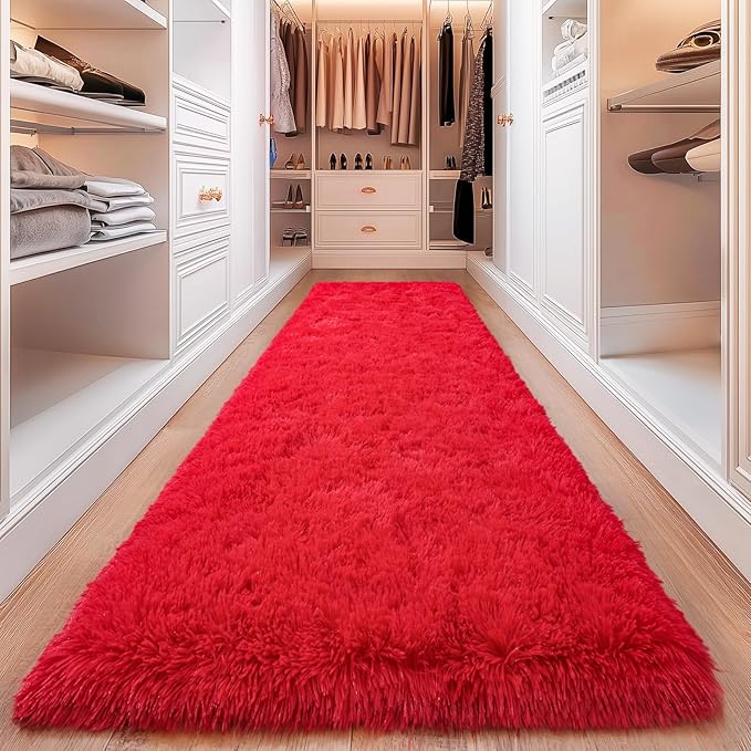 Red Runner Rug for Hallway, Bedroom Bedside Plush Rugs, Non Slip Fluffy Shaggy Carpet for Kids Home Decor, Dorm Nursery 2x6 Ft