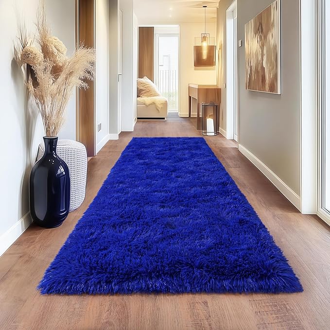 Blue Runner Rug for Hallway, Bedroom Bedside Plush Rugs, Non Slip Fluffy Shaggy Carpet for Kids Home Decor, Dorm Nursery 2x6 Ft