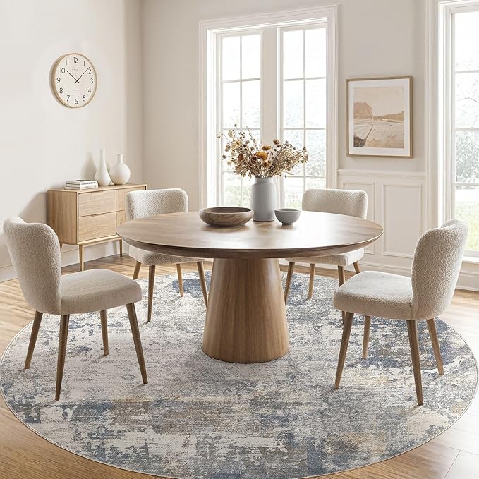 8ft Round Area Rug Living Room Rugs - 8x8 Washable Neutral Modern Abstract Soft Thin Rug Indoor Floor No Slip Rug Carpet for Bedroom Under Dining Table Home Office Decor - Blue Grey