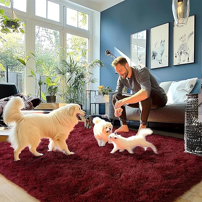 Burgundy Plush Rug for Living Room Fuzzy Carpet for Bedroom Dorm, Non-Slip High Pile Rug, Shag Rug for Playroom Nursery Home Office Decor 6X9 Ft