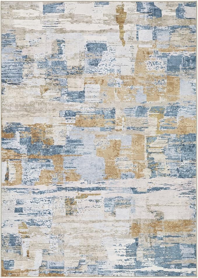 Abstract Living Room Rug 8x10 - Modern Washable Soft Thin Area Rug for Living Room Bedroom Under Dining Table - Neutral Indoor Floor Rug Carpets for Home Office Playroom Nursery - Blue Gold