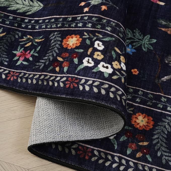 Runners for Kitchen Non Slip 2'x10' Long Washable Runner Rugs with Rubber Backing Soft Floral Animal Carpet Runner for Kitchen, Laundry, Bedroom, Bathroom (Blue)