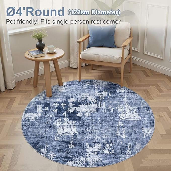 4ft Round Area Rug Living Room Rugs - 4x4 Washable Large Soft Indoor Neutral Modern Abstract Low Pile Rug Carpet for Bedroom Dining Room Farmhouse Home Office - Navy Blue