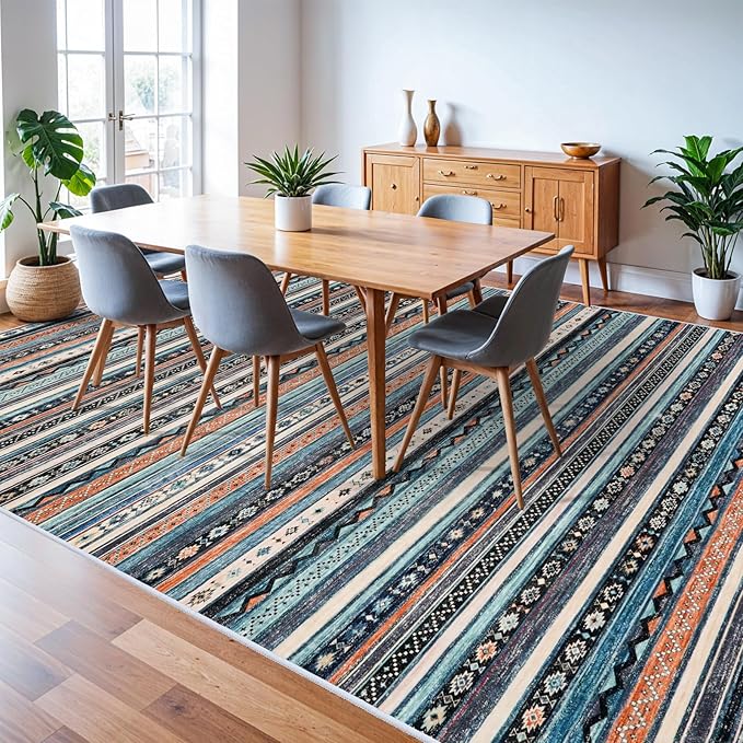 10x14 Rug for Living Room Washable, Large Striped Farmhouse Area Rugs for Bedroom Soft Ultra Thin Indoor Carpet Non Slip Stain Resistant Dining Room Rug Waterproof Southwest Style, 10x14 Blue/Multi