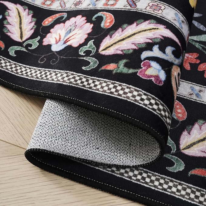3x5 Rug Washable Area Rug Floral Office Rug Non Slip Small Carpet for Bedroom, Bedside, Kitchen, Entryway, Kids Room, Office (Vibrant Black)