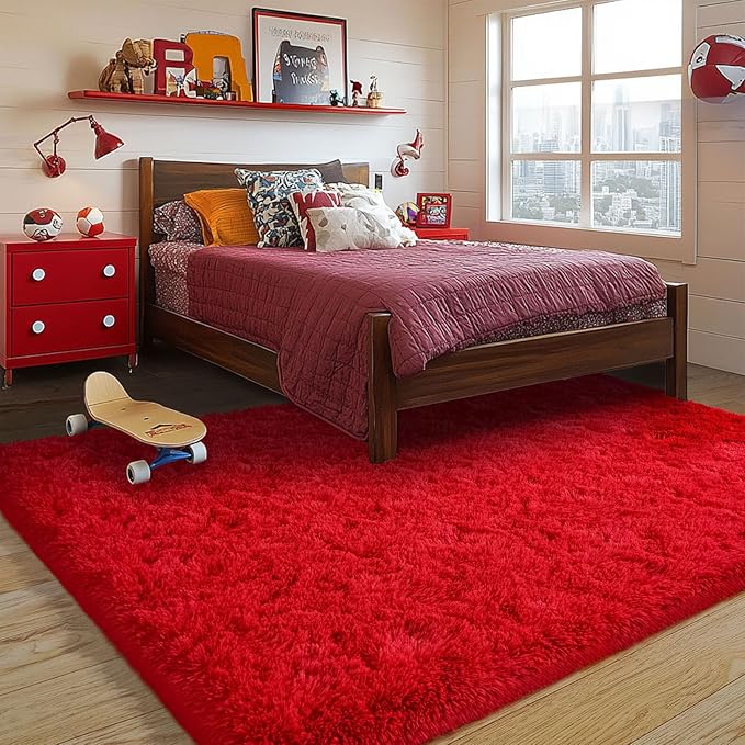 Red Fluffy Rug Plush Carpet for Bedroom Dorm, Non-Slip High Pile Rug, Shag Rug for Playroom Nursery Home Office Decor 9X12 Ft