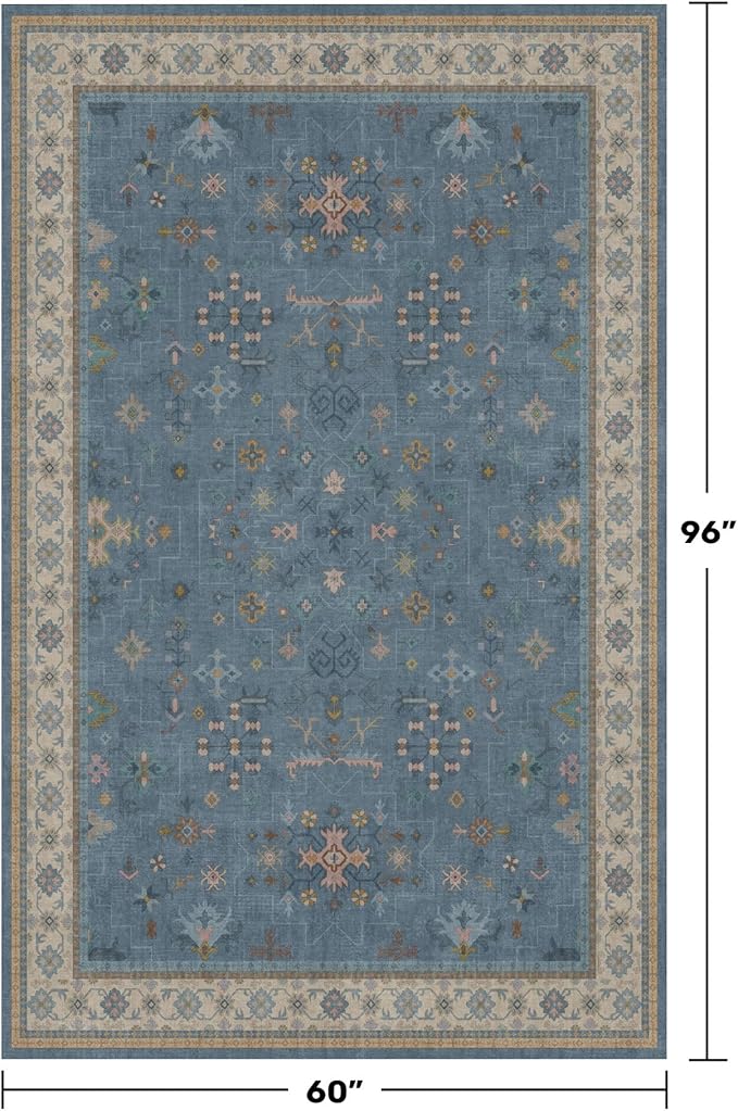 5x8 Rug for Living Room, Boho Eclectic Area Rugs Blue Modern Low-Pile Carpet for Bedroom, Dining Table, Nursery, Washable Non-Slip with Rubber Back
