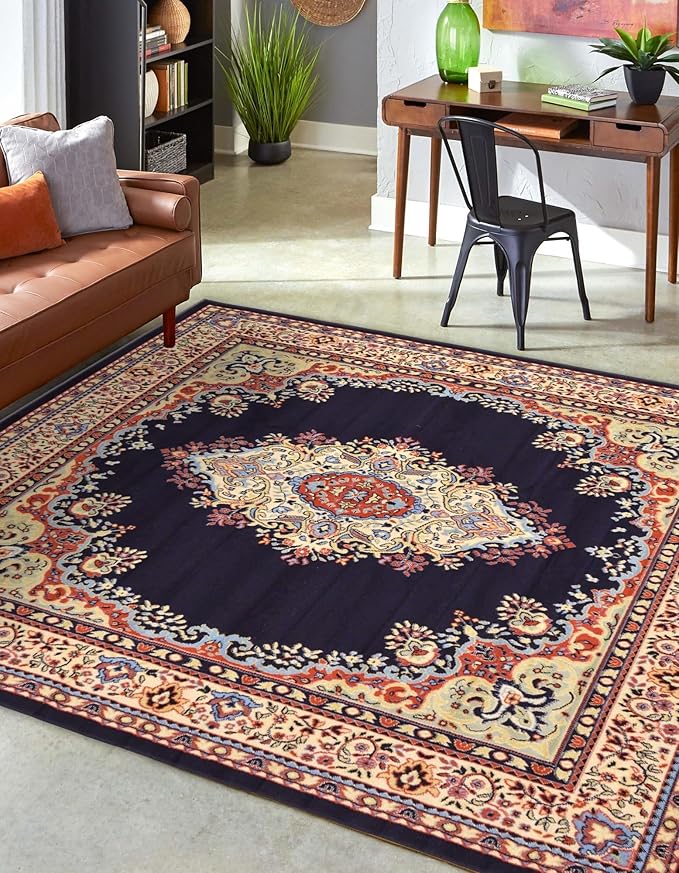 Unique Loom Reza Collection Traditional Persian Style Area Rug, 8' 0" x 8' 0", Navy Blue/Ivory