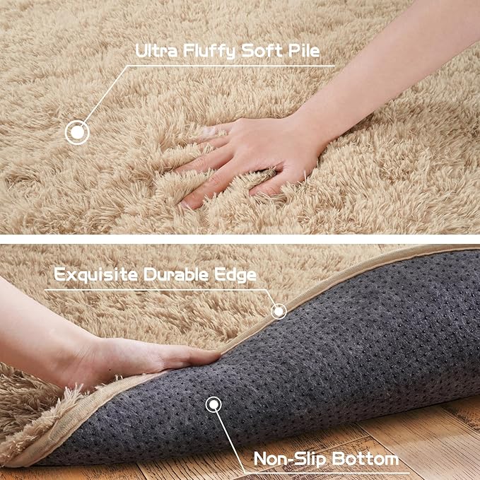 Fluffy Area Rug for Bedroom 3.3'x6.2', Shag Oval Rug for Bedside, Ultra Soft Cute Plush Carpet for Living Room Kids Girls Boys Room Nursery Teens Dorm Home Decor, Camel