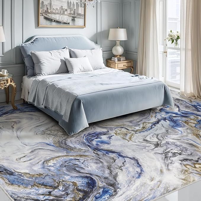 4x6 Washable Area Rugs for Living Room, Blue Modern Abstract Rug Entryway Kitchen Non Slip Throw Rug, Stain Resistant Carpet for Dining Room Playroom Bedroom, Pet & Kids Friendly