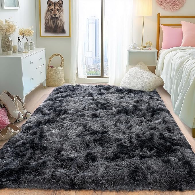 Fluffy Area Rug for Bedroom 4x6 Feet, Indoor Plush Carpet, Shag Soft Bedside Rug, Cute Comfy Furry Rug for Living Room Dorm Girls Boys Room Nursery Decor, Dark Grey