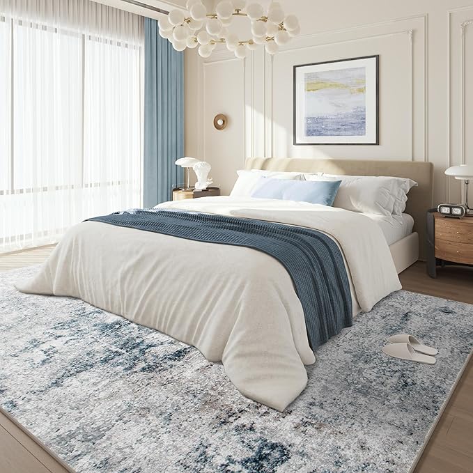 8x10 Washable Area Rug for Living Room, Non-Slip Soft Modern Abstract Large Carpet, Low Pile Neutral Rugs for Bedroom, Dining Room, Home Office, Dorm, Indoor Decor, Navy Blue