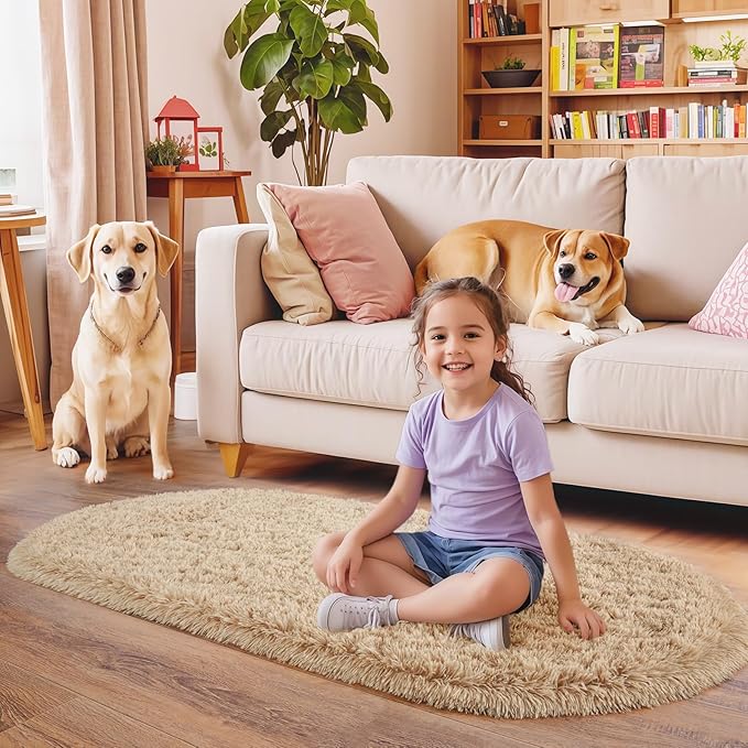 Fluffy Area Rug for Bedroom 3.3'x6.2', Shag Oval Rug for Bedside, Ultra Soft Cute Plush Carpet for Living Room Kids Girls Boys Room Nursery Teens Dorm Home Decor, Camel
