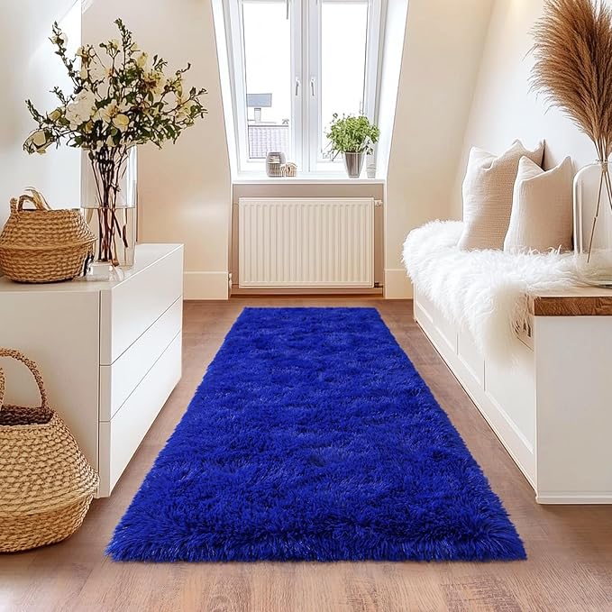 Blue Runner Rug for Hallway, Bedroom Bedside Plush Rugs, Non Slip Fluffy Shaggy Carpet for Kids Home Decor, Dorm Nursery 2x6 Ft