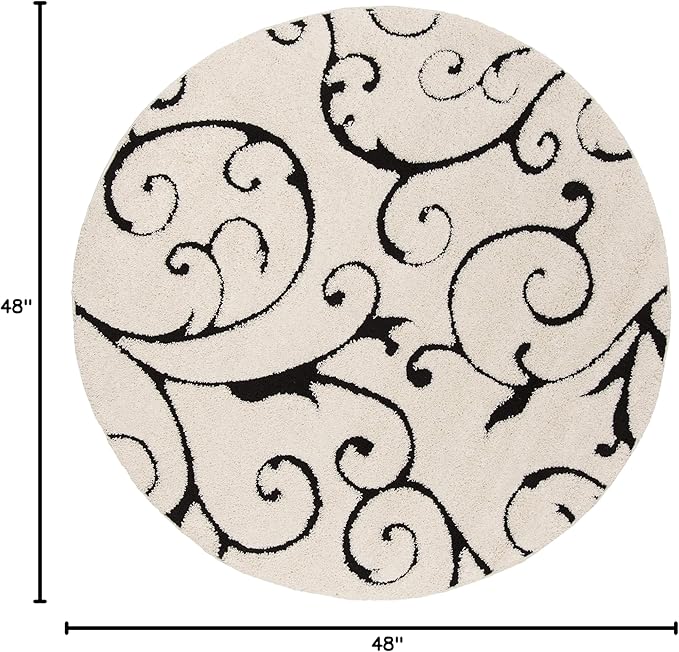 SAFAVIEH Florida Shag Collection 4' Round Ivory / Black SG455 Scrolling Vine Graceful Swirl Textured Non-Shedding Living Room Bedroom Dining Room Entryway Plush 1.2-inch Thick Area Rug