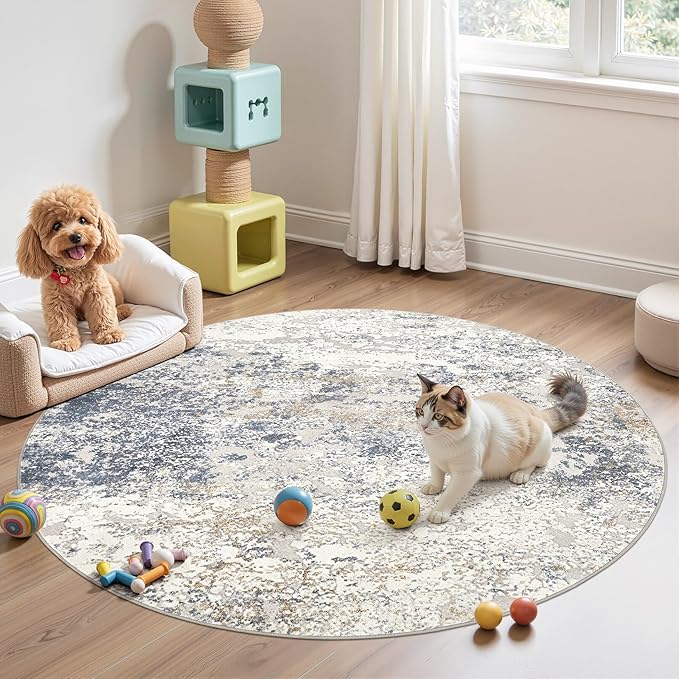 5ft Round Area Rug Living Room Rugs - 5x5 Washable Large Soft Indoor Neutral Modern Abstract Low Pile Rug Carpet for Bedroom Dining Room Farmhouse Home Office - Beige Blue