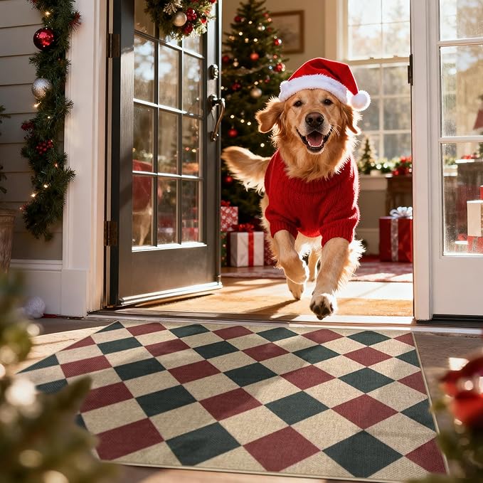 Lahome Christmas Checkered 3x5 Rug, Christmas Indoor Mats for Entryway Front Porch Indoor Outdoor Carpet, Checkerboard Green and Red Non Shedding Carpet for Patio Kitchen