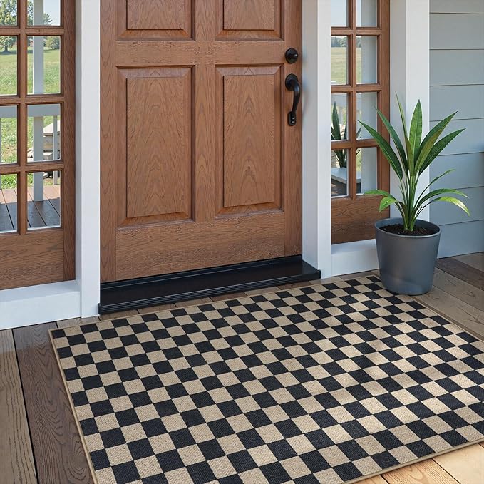 Lahome Checkered 3x5 Washable Rug, Farmhouse Kitchen Porch Rugs Indoor Outdoor Carpet, Washable Non Slip Non Shedding Indoor Door Mat for Entryway Deck Living Room