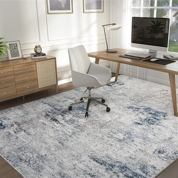 5x7 Washable Area Rug for Living Room, Non-Slip Soft Modern Abstract Large Carpet, Low Pile Neutral Rugs for Bedroom, Dining Room, Home Office, Dorm, Indoor Decor, Navy Blue