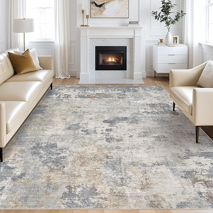 Abstract Living Room Rug 10x12 - Modern Washable Soft Thin Area Rug for Living Room Bedroom Under Dining Table - Neutral Indoor Floor Rug Carpets for Home Office Playroom Nursery - Blue Gold