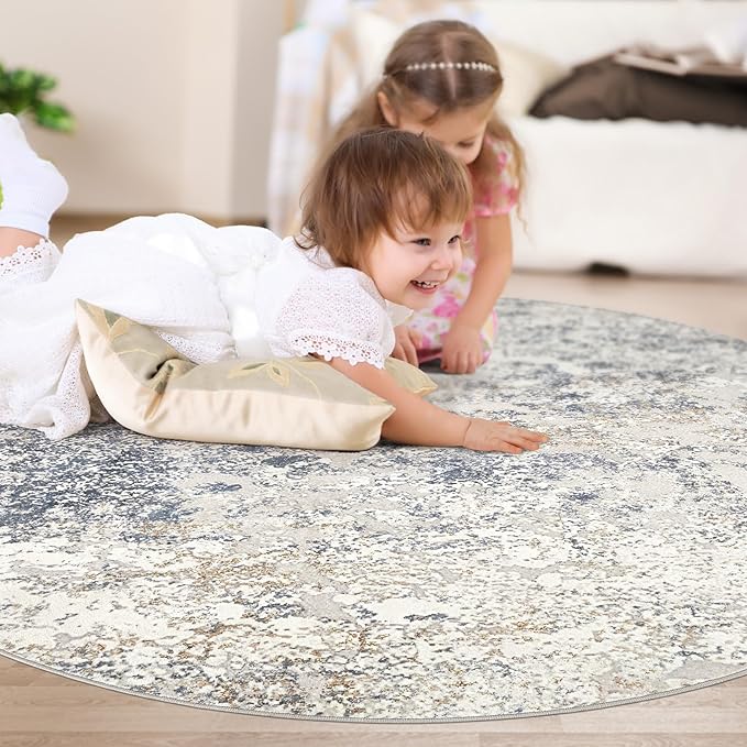 5ft Round Area Rug Living Room Rugs - 5x5 Washable Large Soft Indoor Neutral Modern Abstract Low Pile Rug Carpet for Bedroom Dining Room Farmhouse Home Office - Beige Blue