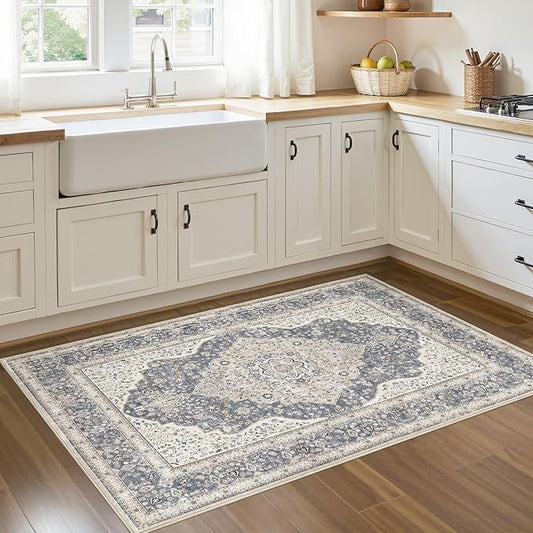 3x5 Washable Entryway Rug: Non-Slip Soft Indoor Throw Area Rug for Living Room Bedroom Kitchen, Boho Floral Distressed Durable Carpet for Hallway Bathroom Laundry Home Decor (Blue/Beige)