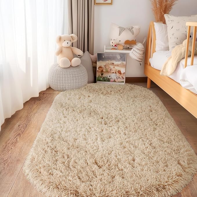 Fluffy Area Rug for Bedroom 2.6'x5.3', Shag Oval Rug for Bedside, Ultra Soft Cute Plush Carpet for Living Room Kids Girls Boys Room Nursery Teens Dorm Home Decor, Camel