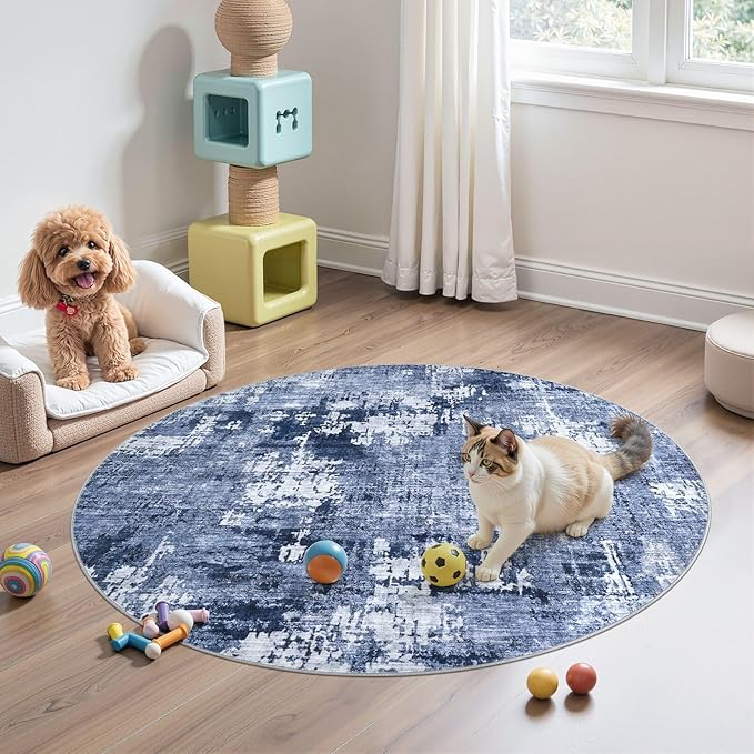 4ft Round Area Rug Living Room Rugs - 4x4 Washable Large Soft Indoor Neutral Modern Abstract Low Pile Rug Carpet for Bedroom Dining Room Farmhouse Home Office - Navy Blue