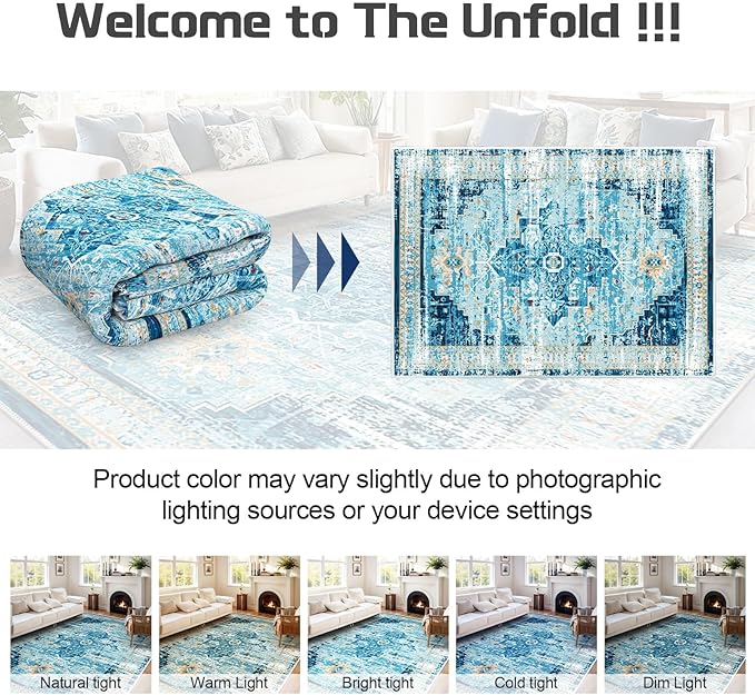 ANSSO 8x10 Rugs for Living Room, Large Washable Area Rugs with Non Slip Backing, Vintage Soft Low Pile Floor Mat Indoor for Bedroom, Dining Room Playroom Nursery (Aqua Blue)