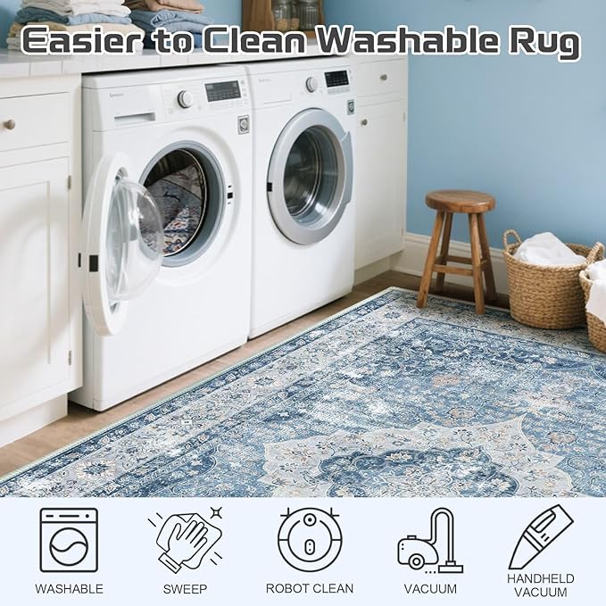 ANSSO 6x9 Area Rug, Extra Soft Vintage Faux Wool Washable Rug, Pets & Kids Friendly Carpet with Non-Shedding for Bedroom, Apartment, Living Room, Office Decor Mist Blue