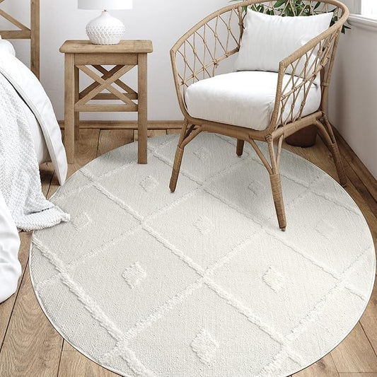 Antep Rugs Palafito 5x5 Geometric Shag Diamond High-Low Pile Textured Indoor Area Rug (White, 5'3" Round)